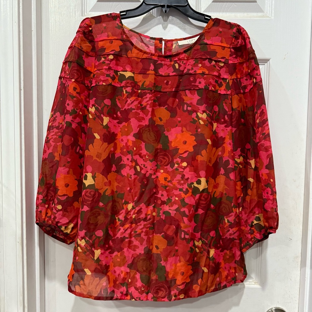 LOFT Red Boxy 3/4 Sleeve Blouse
